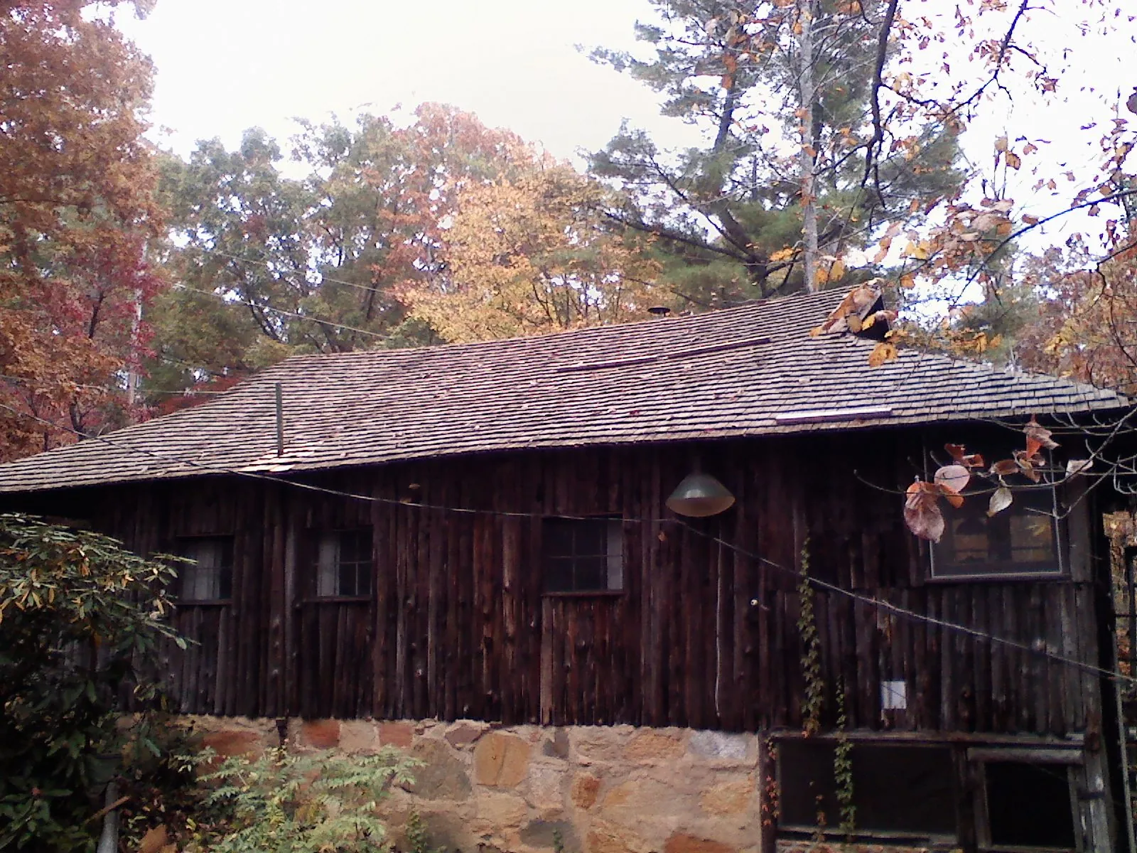 Weathered wood shake roof on a rustic board sided cabin in Fallsburg